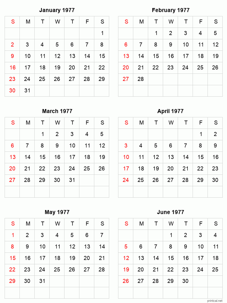 6 month calendar January to June 1977