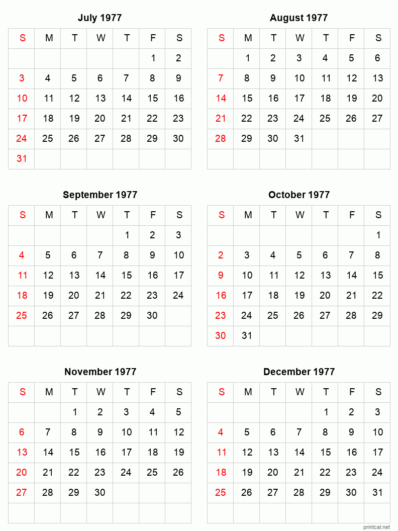 6 month calendar July to December 1977