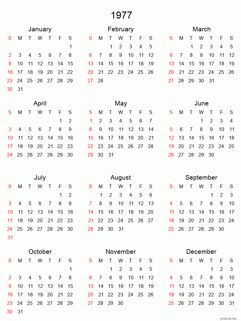 Printable 1977 Yearly Calendar