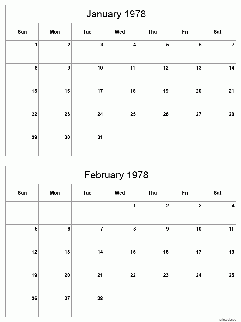 2 month calendar January to February 1978