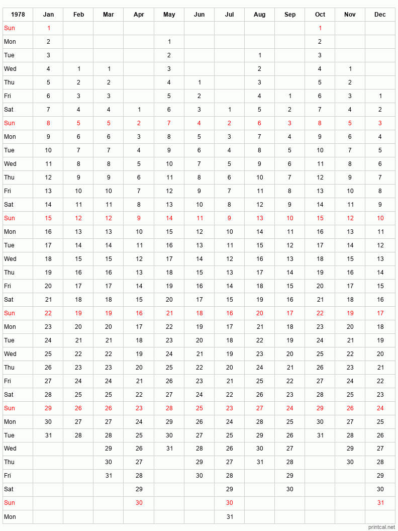 Printable 1978 12-Month One Page Calendar