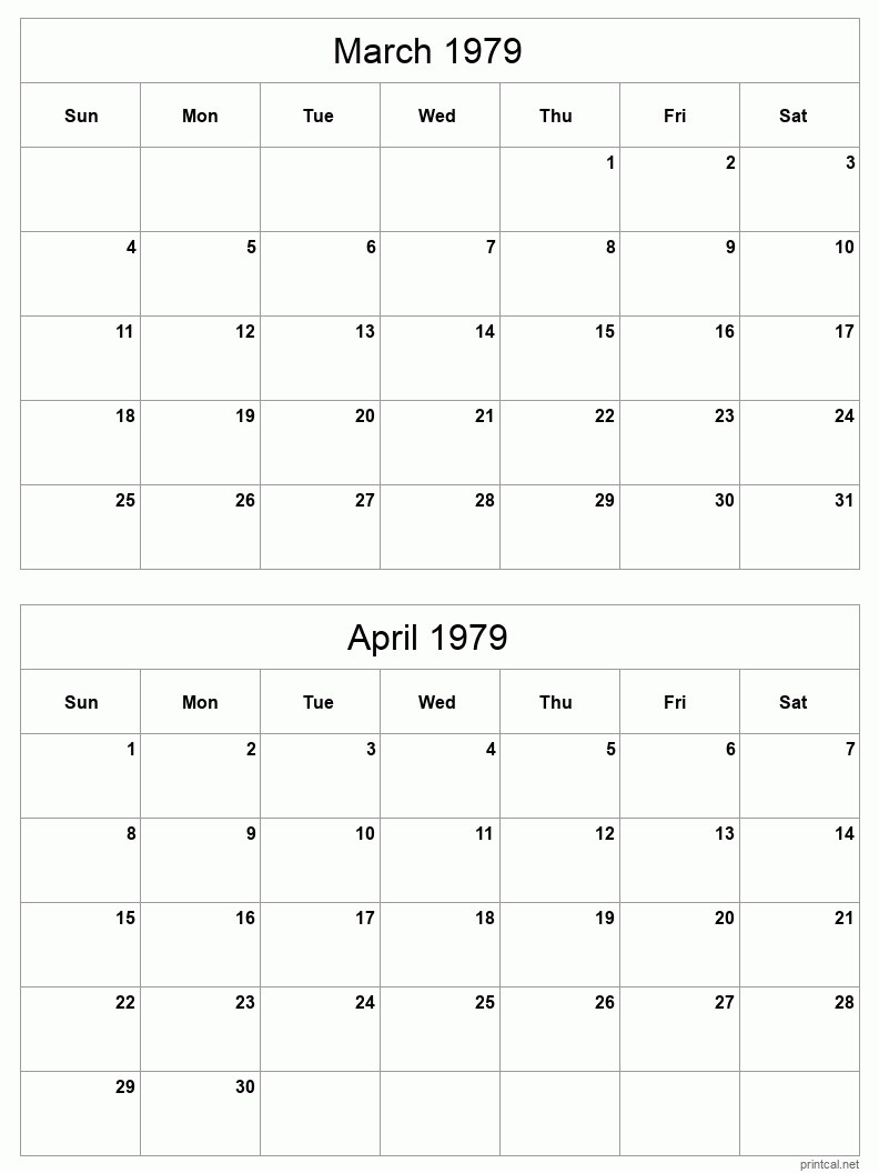 2 month calendar March to April 1979