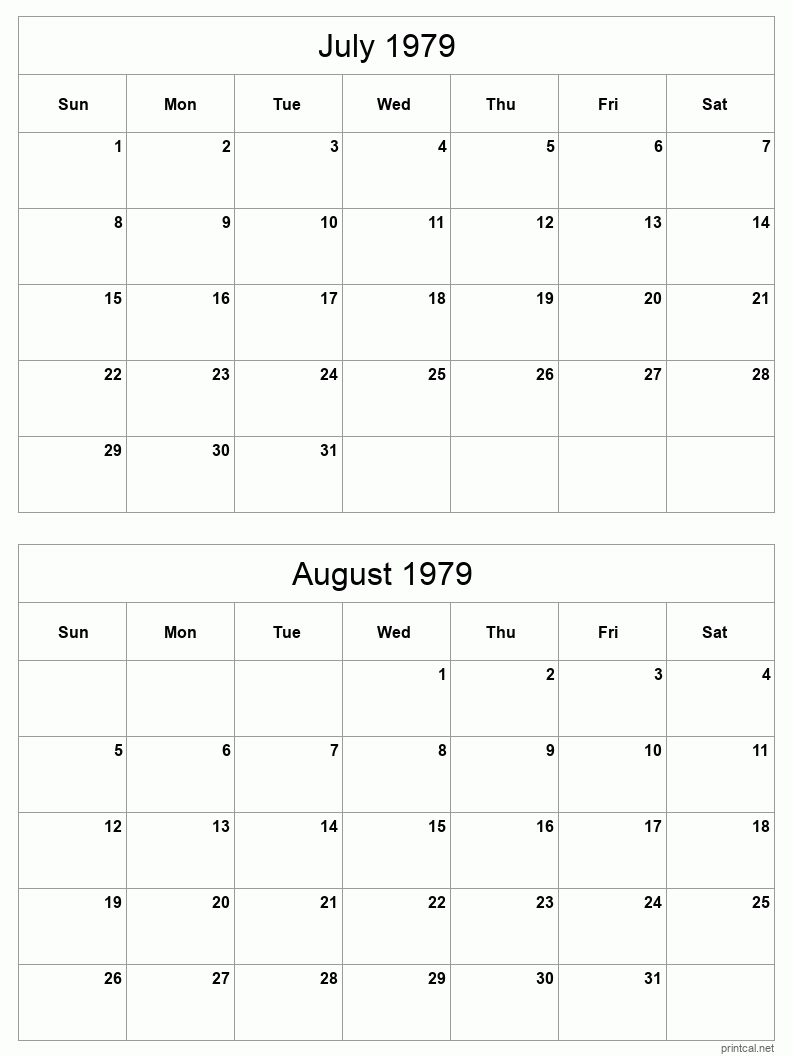 2 month calendar July to August 1979