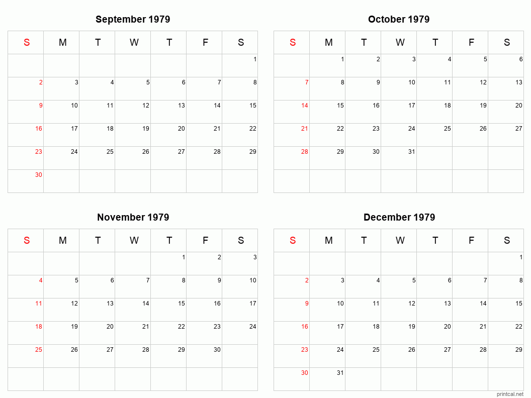 4 month calendar September to December 1979