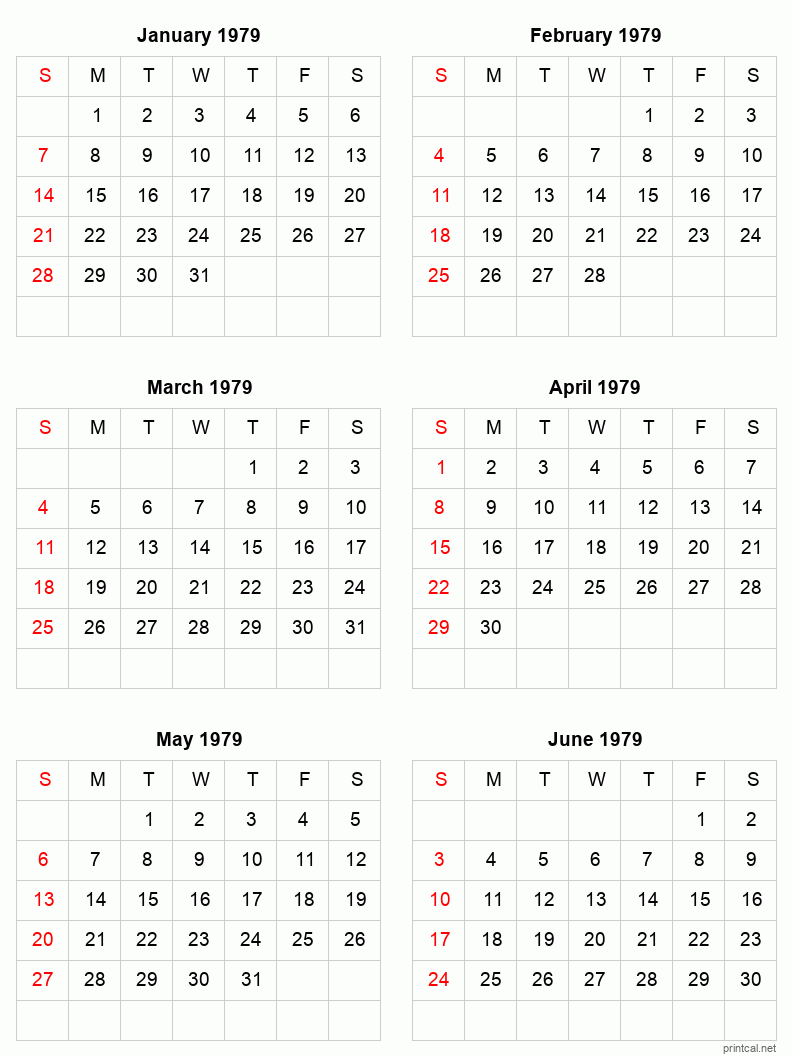 6 month calendar January to June 1979