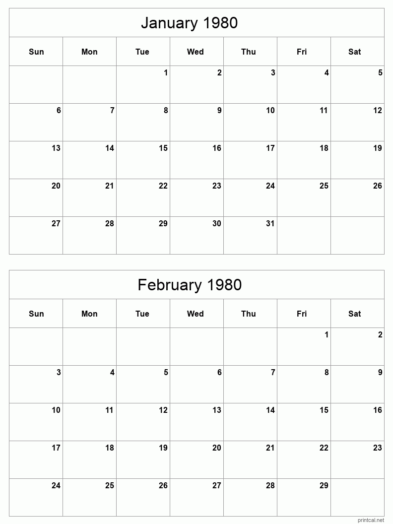 2 month calendar January to February 1980