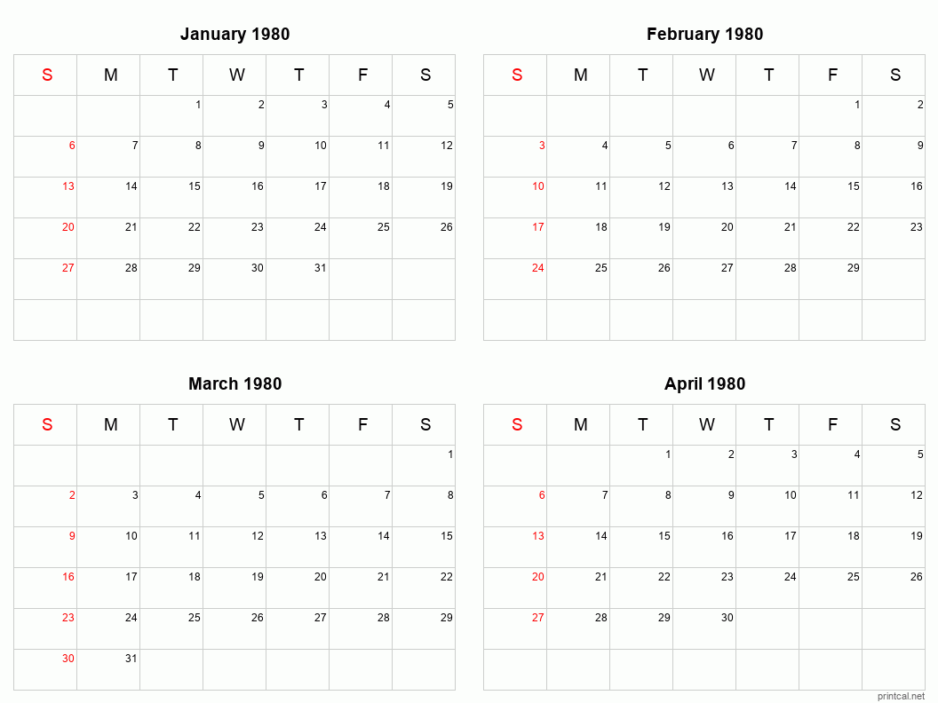 4 month calendar January to April 1980