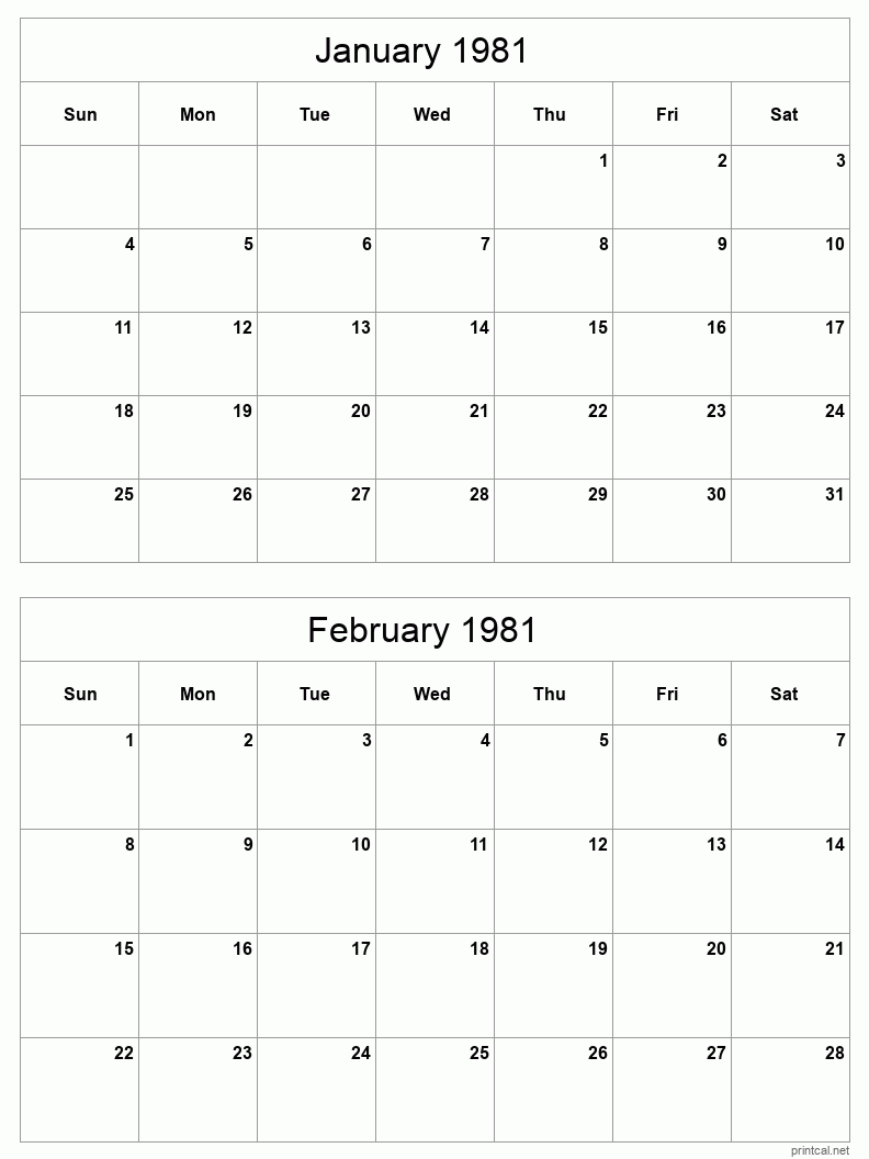 2 month calendar January to February 1981