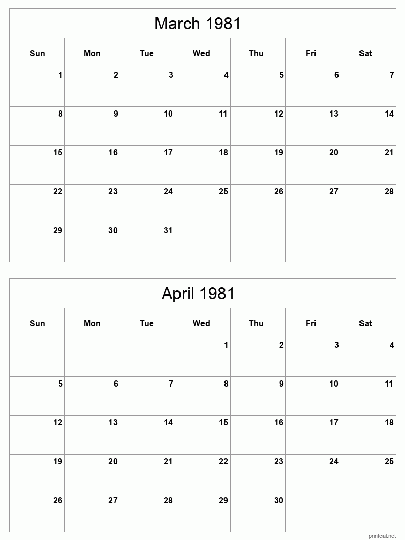 2 month calendar March to April 1981