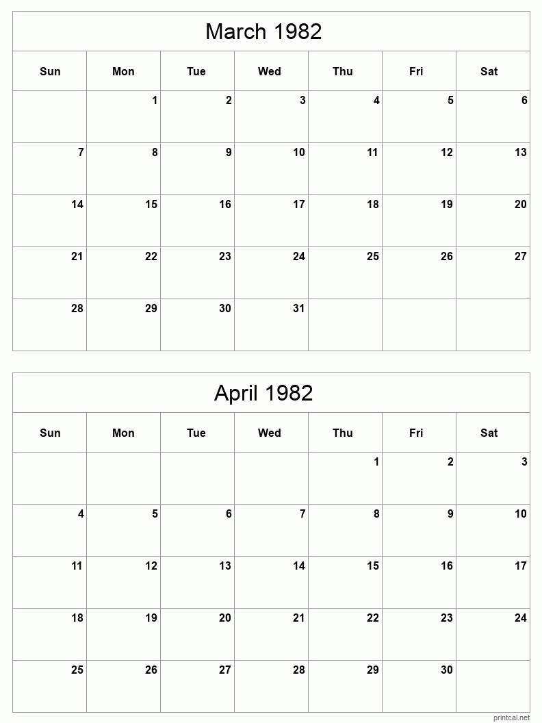 2 month calendar March to April 1982