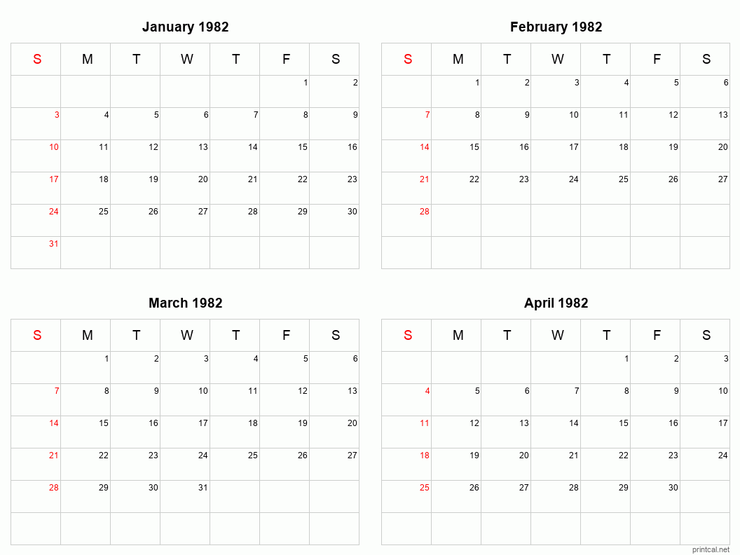 4 month calendar January to April 1982