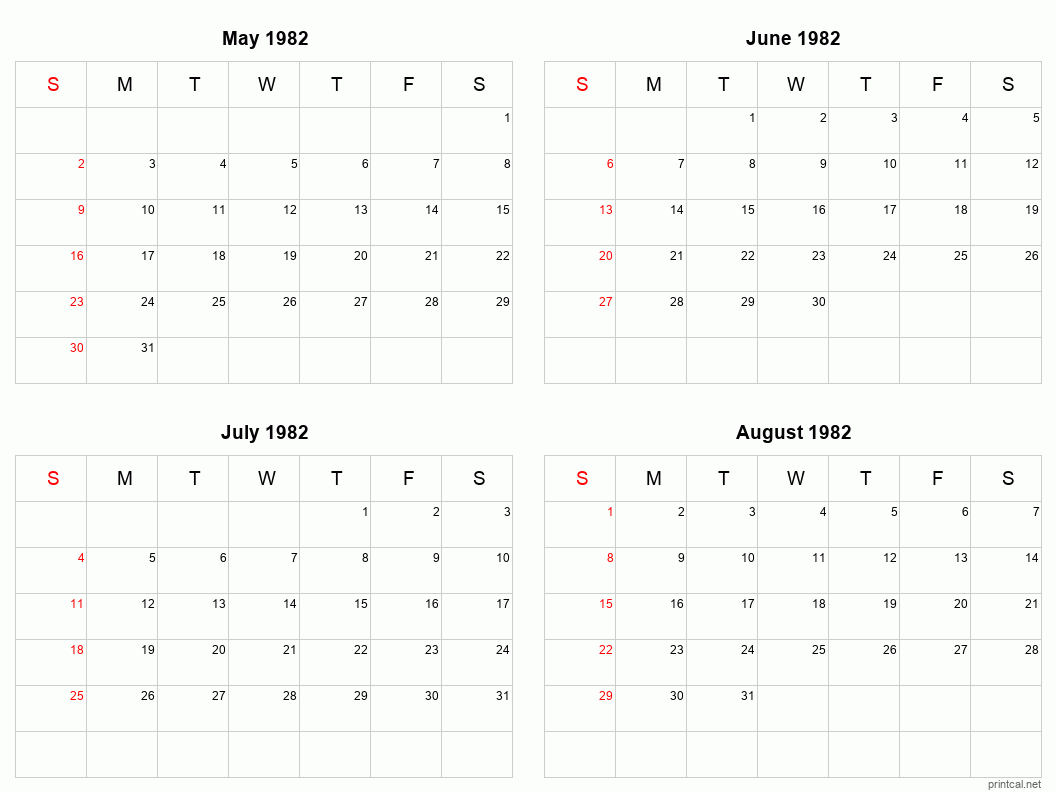 4 month calendar May to August 1982