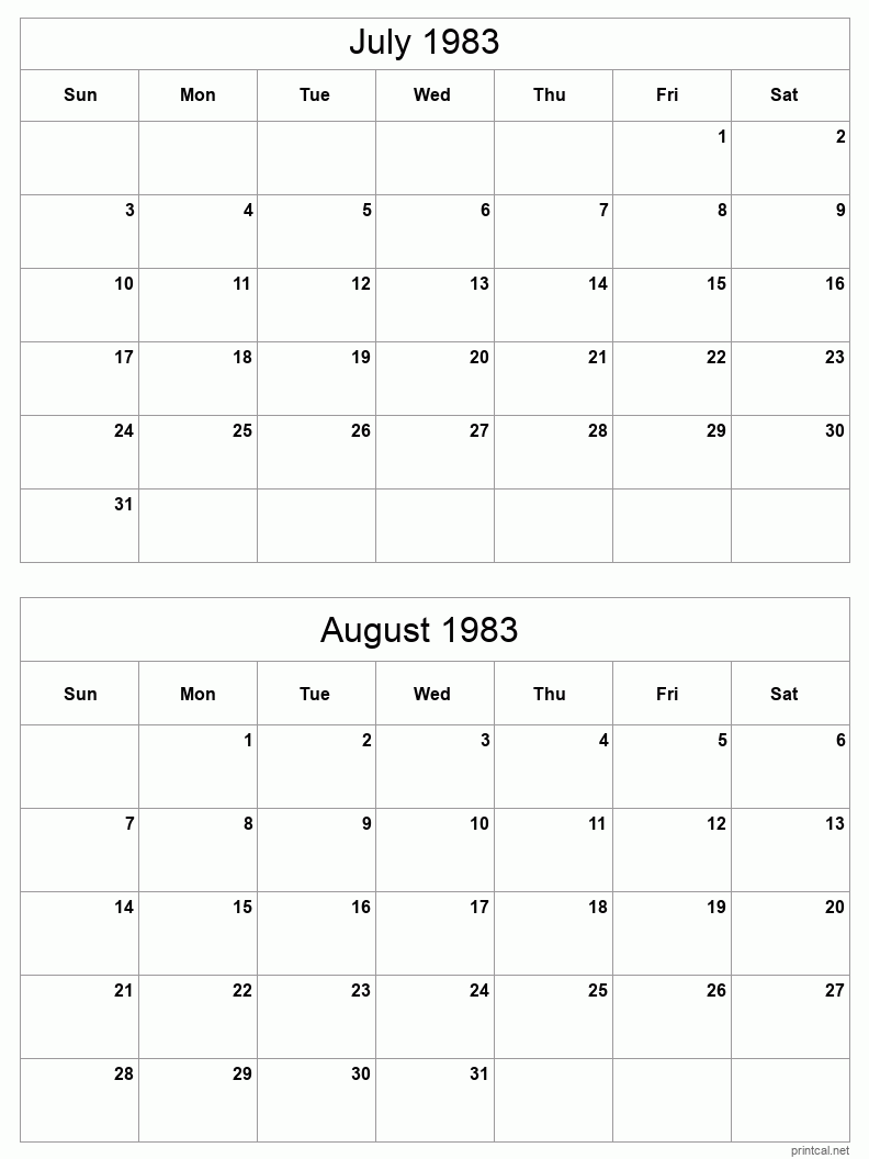 2 month calendar July to August 1983