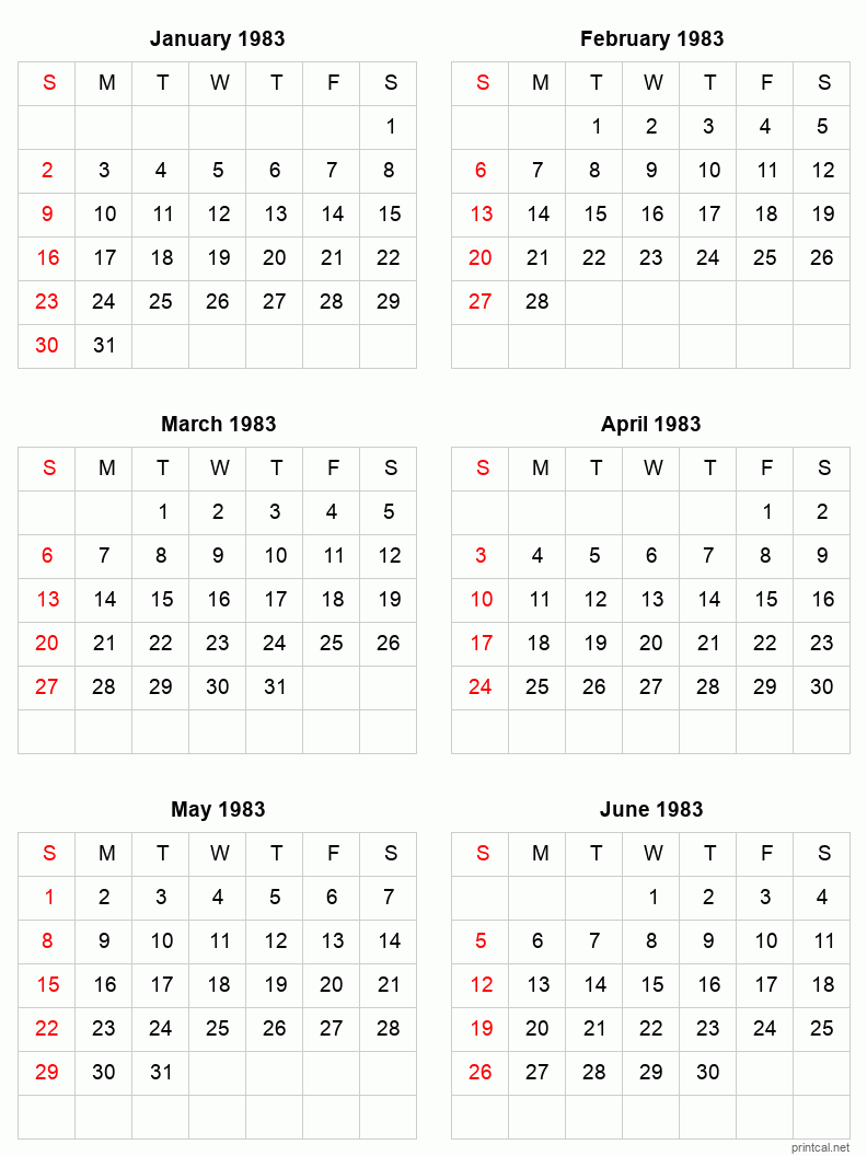 6 month calendar January to June 1983