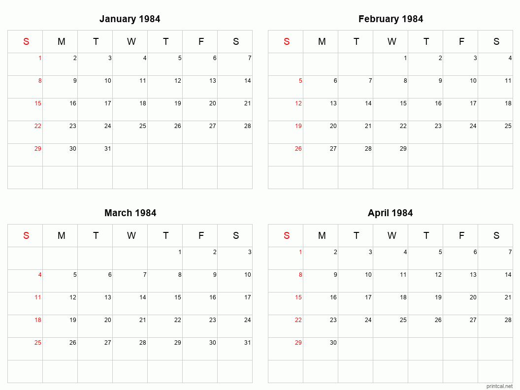 4 month calendar January to April 1984