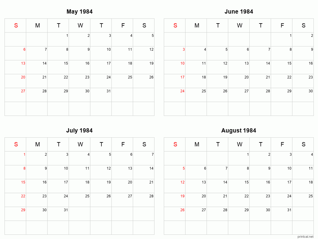 4 month calendar May to August 1984