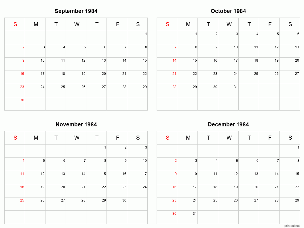 4 month calendar September to December 1984