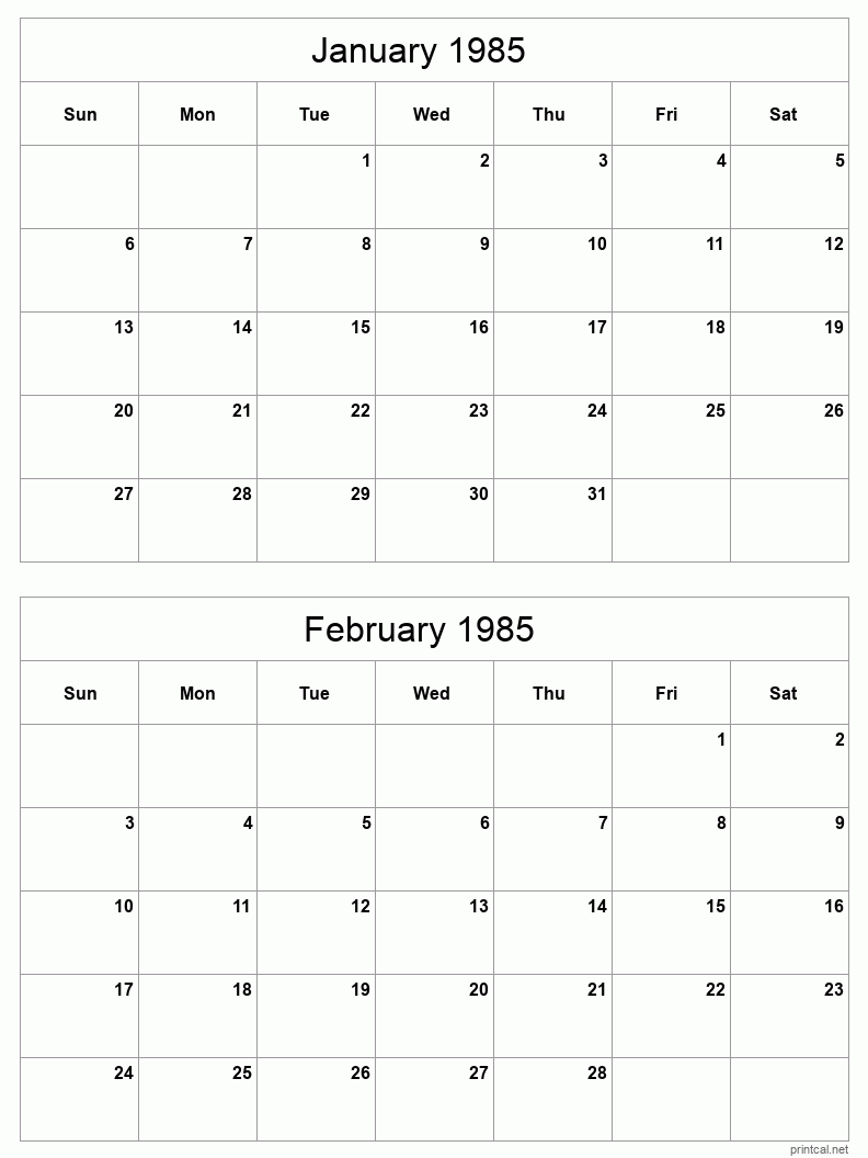 2 month calendar January to February 1985