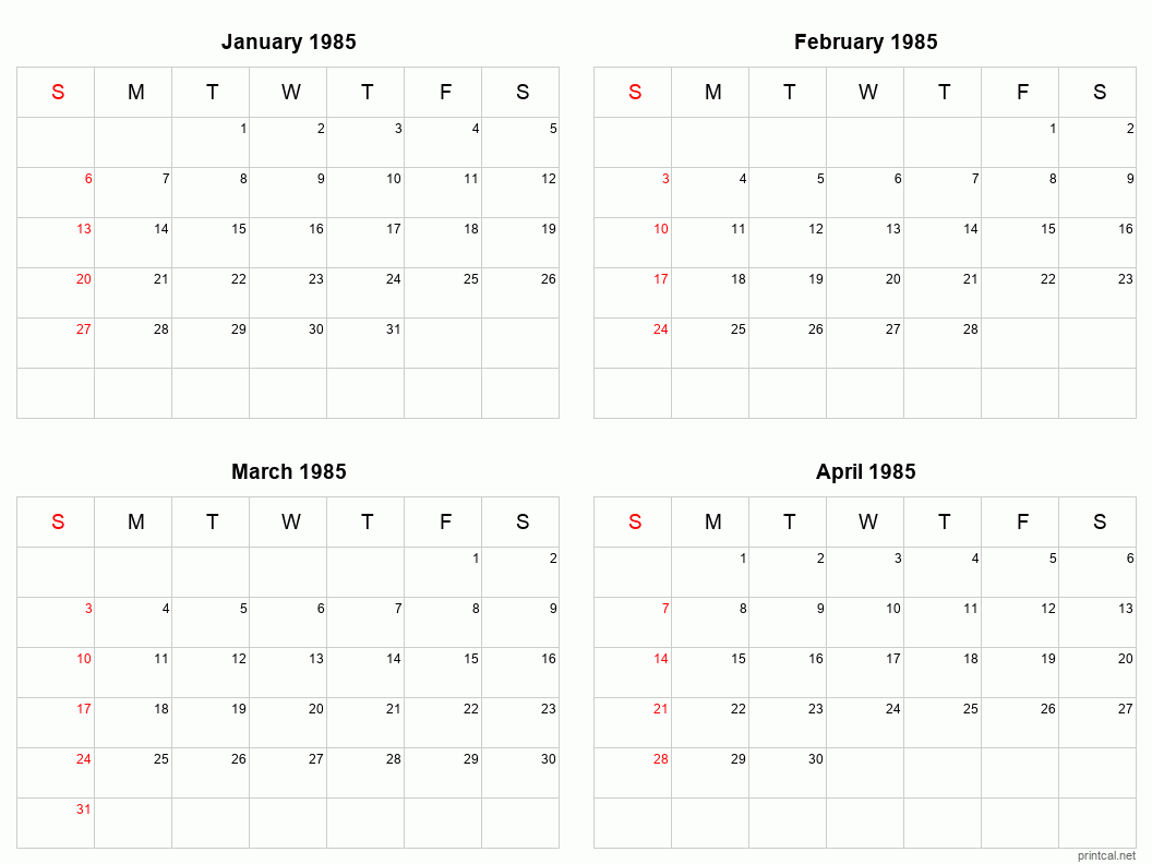 4 month calendar January to April 1985