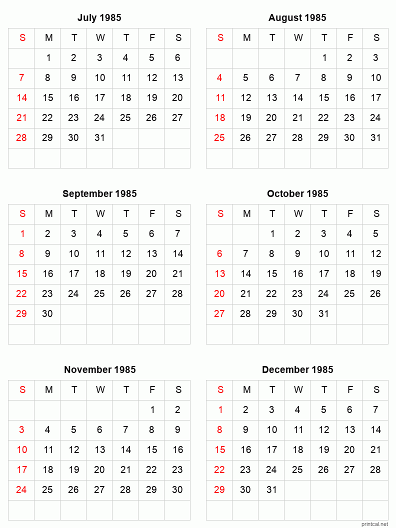 6 month calendar July to December 1985