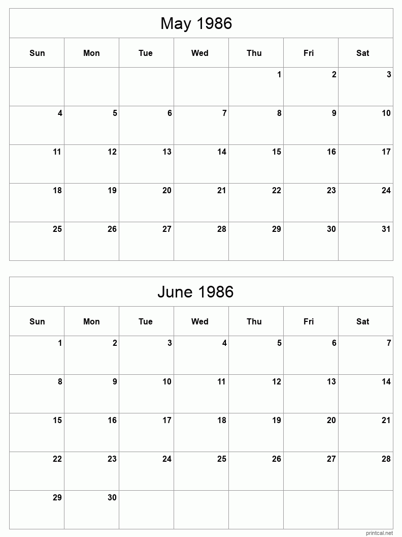 2 month calendar May to June 1986