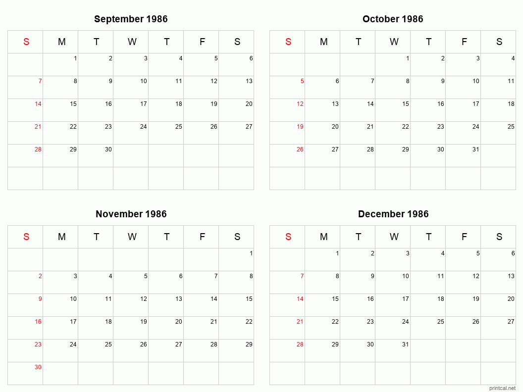 4 month calendar September to December 1986