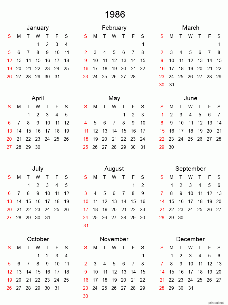 Printable 1986 Yearly Calendar