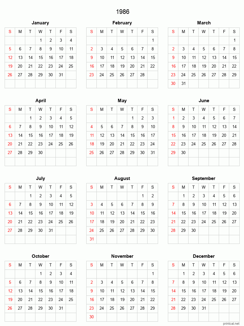 Printable 1986 Full-Year Calendar