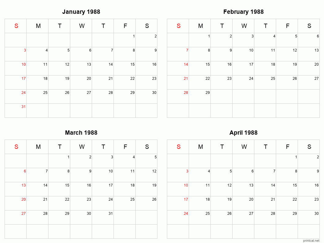 4 month calendar January to April 1988