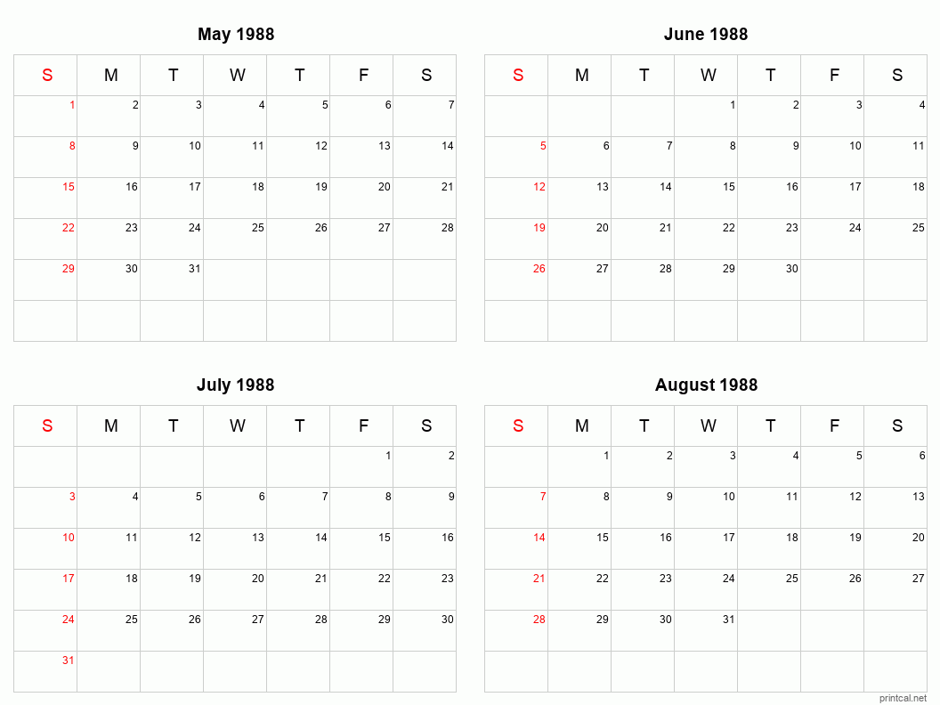 4 month calendar May to August 1988