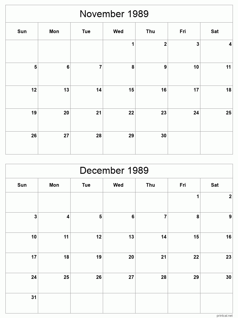 2 month calendar November to December 1989