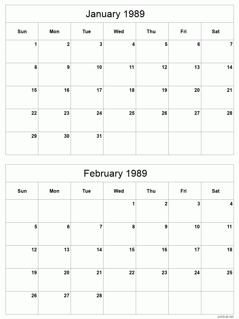 2 month calendar January to February 1989