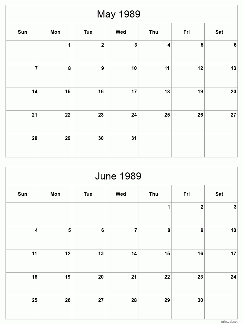 2 month calendar May to June 1989