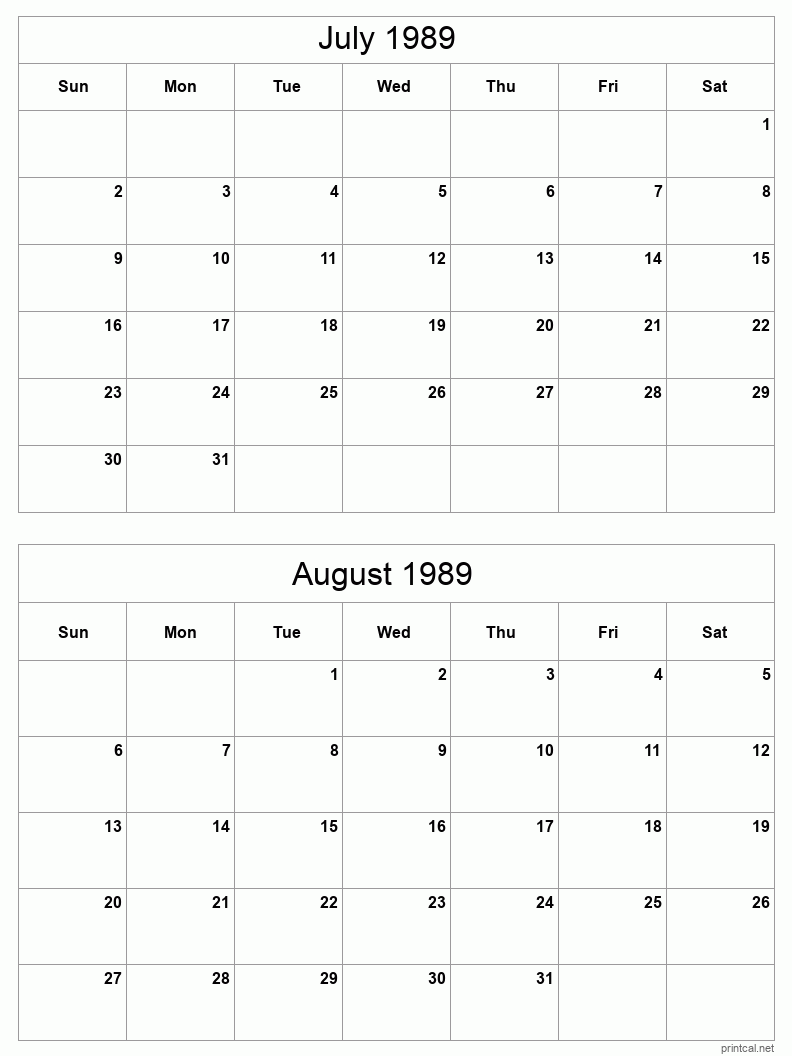 2 month calendar July to August 1989