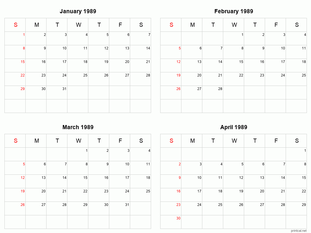 4 month calendar January to April 1989