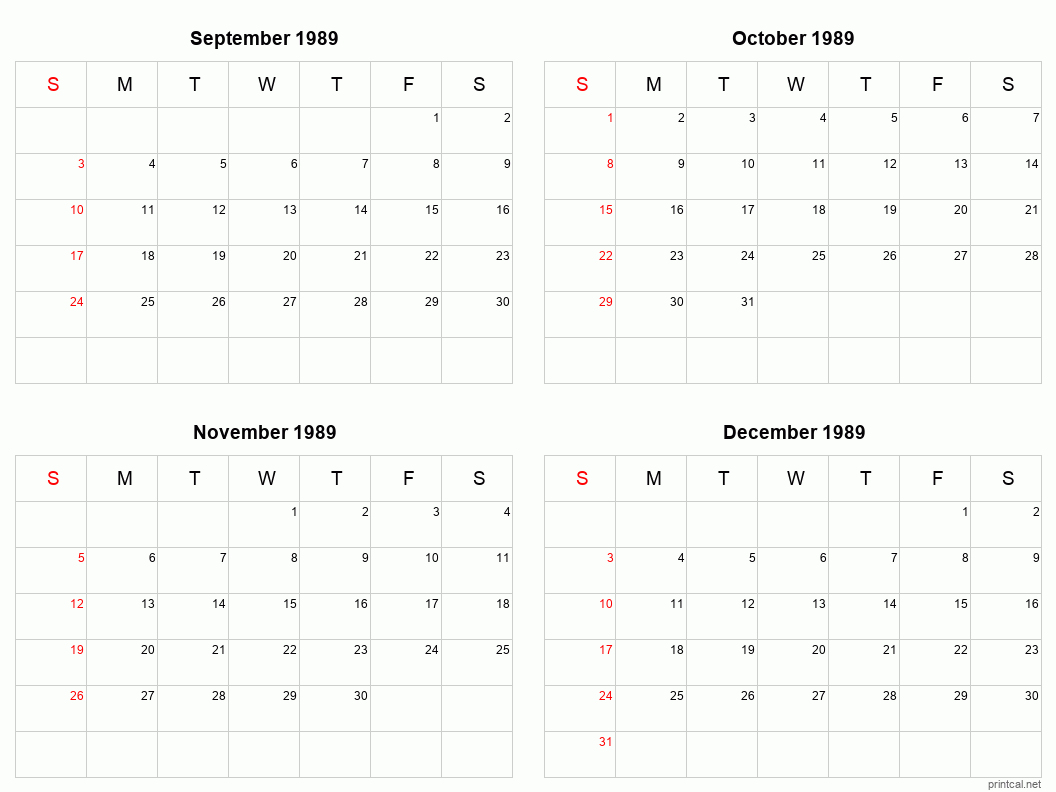 4 month calendar September to December 1989