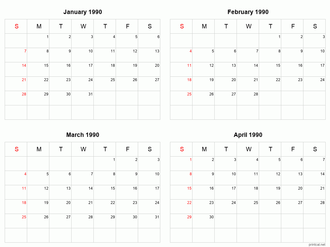 4 month calendar January to April 1990