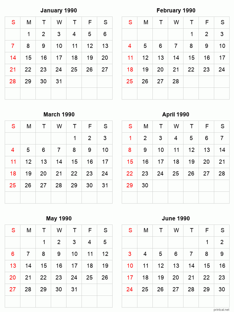 6 month calendar January to June 1990