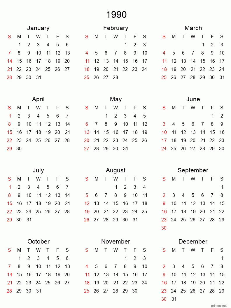 Printable 1990 Yearly Calendar