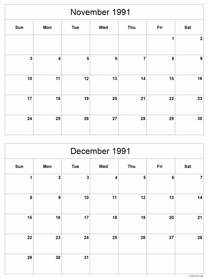 2 month calendar November to December 1991