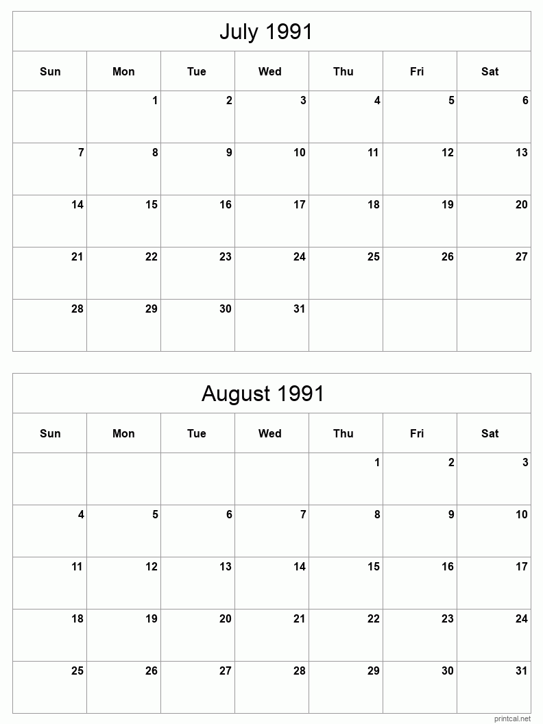 2 month calendar July to August 1991