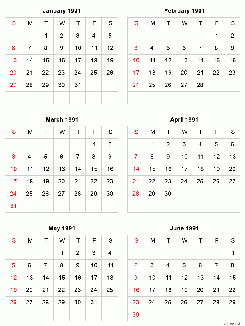 6 month calendar January to June 1991