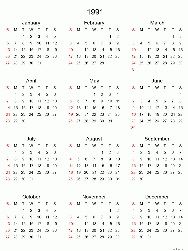 Printable 1991 Yearly Calendar