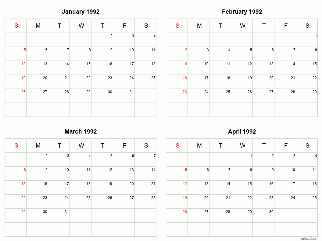 4 month calendar January to April 1992