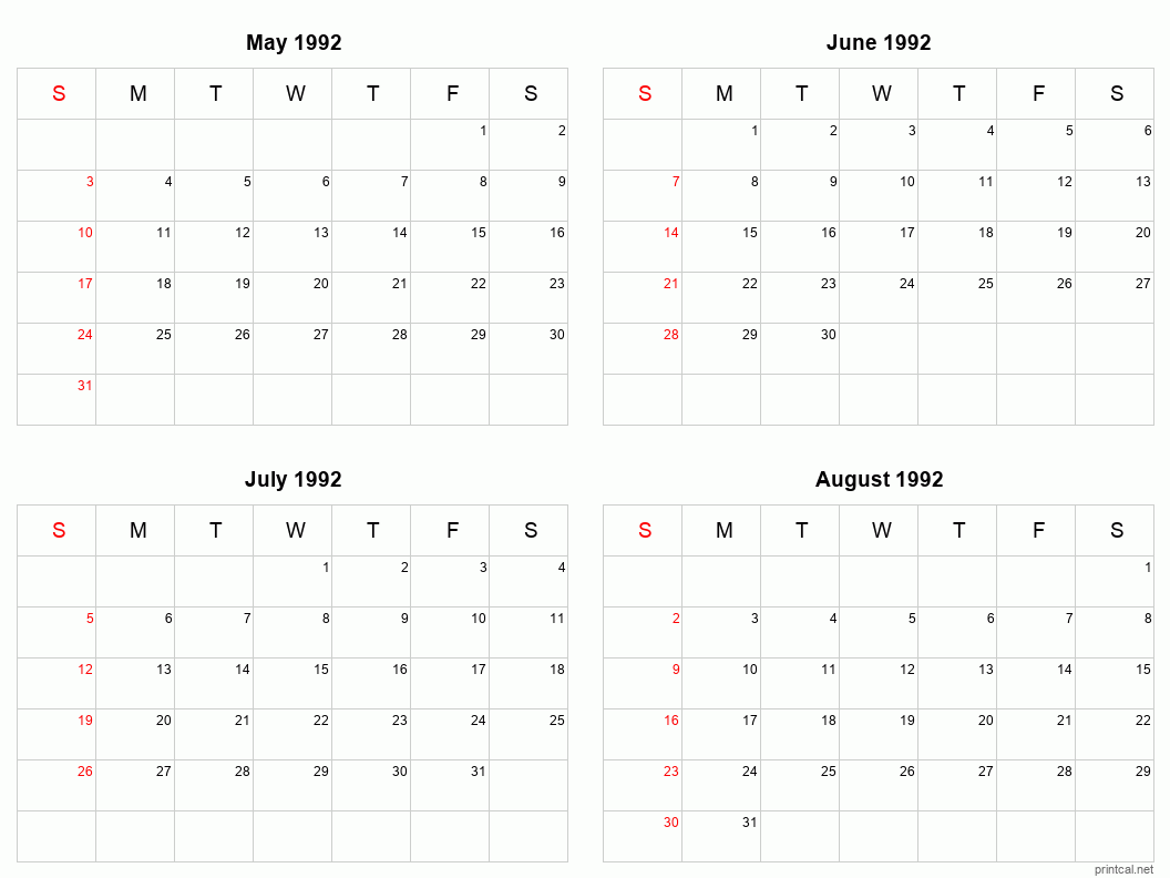 4 month calendar May to August 1992