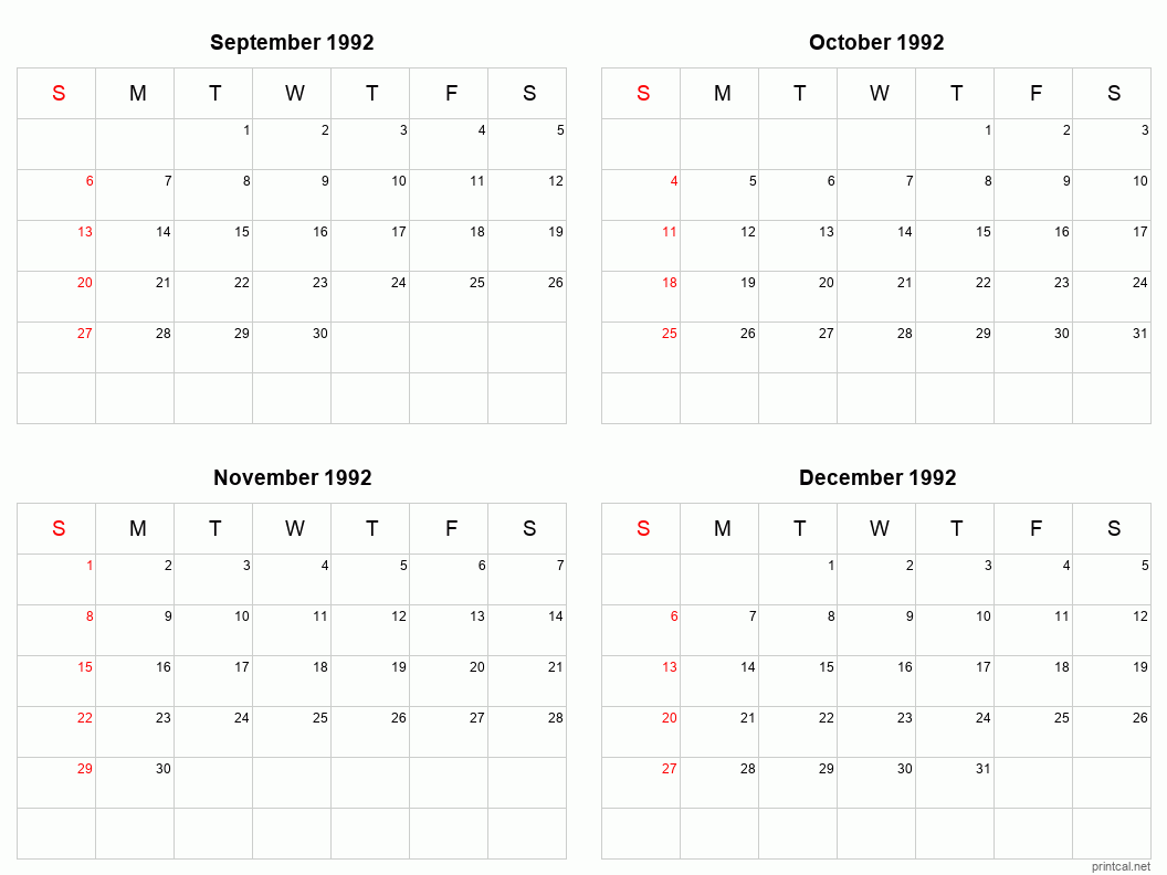 4 month calendar September to December 1992