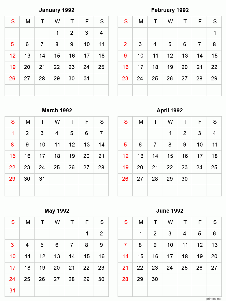 6 month calendar January to June 1992