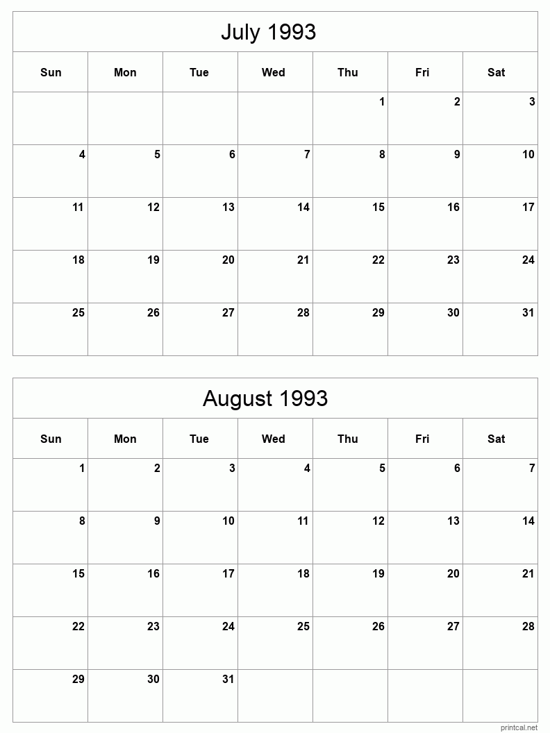 2 month calendar July to August 1993