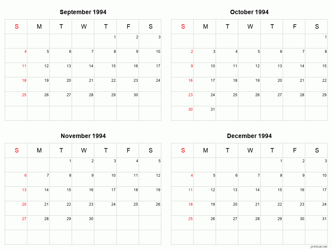 4 month calendar September to December 1994