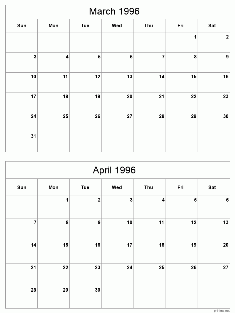 2 month calendar March to April 1996